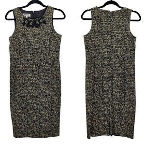 Kasper Geometric Print Sleeveless Sheath‎ Dress 6 Black Brown 3D Ribbon Neckline